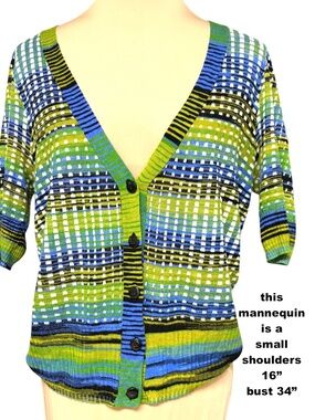 Worthington Knit Cardigan Top V Neck Short Sleeve Multicolor Stripe Button Front